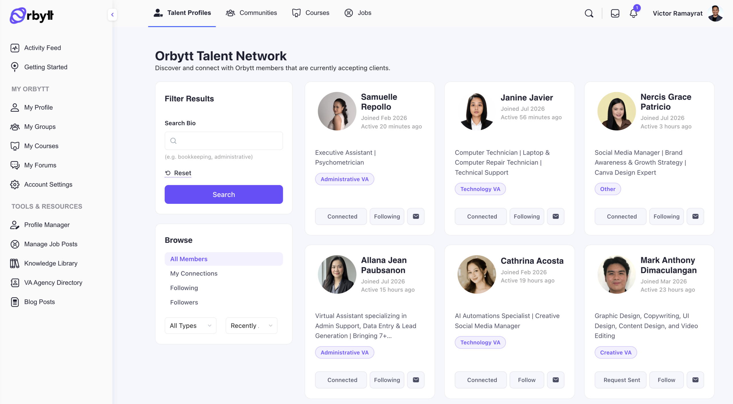 The Orbytt Talent Network: browse and connect with Filipino virtual assistants and AI-skilled professionals